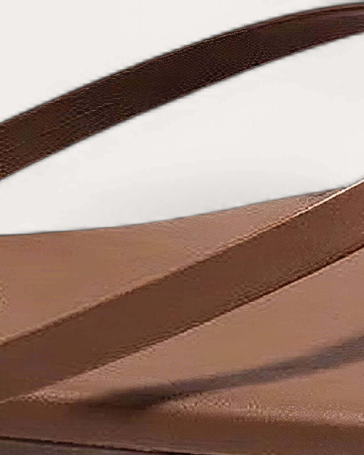 TKEES Square Toe Lily Ganache Caramel Leather Flip Flop, strap and upper detail