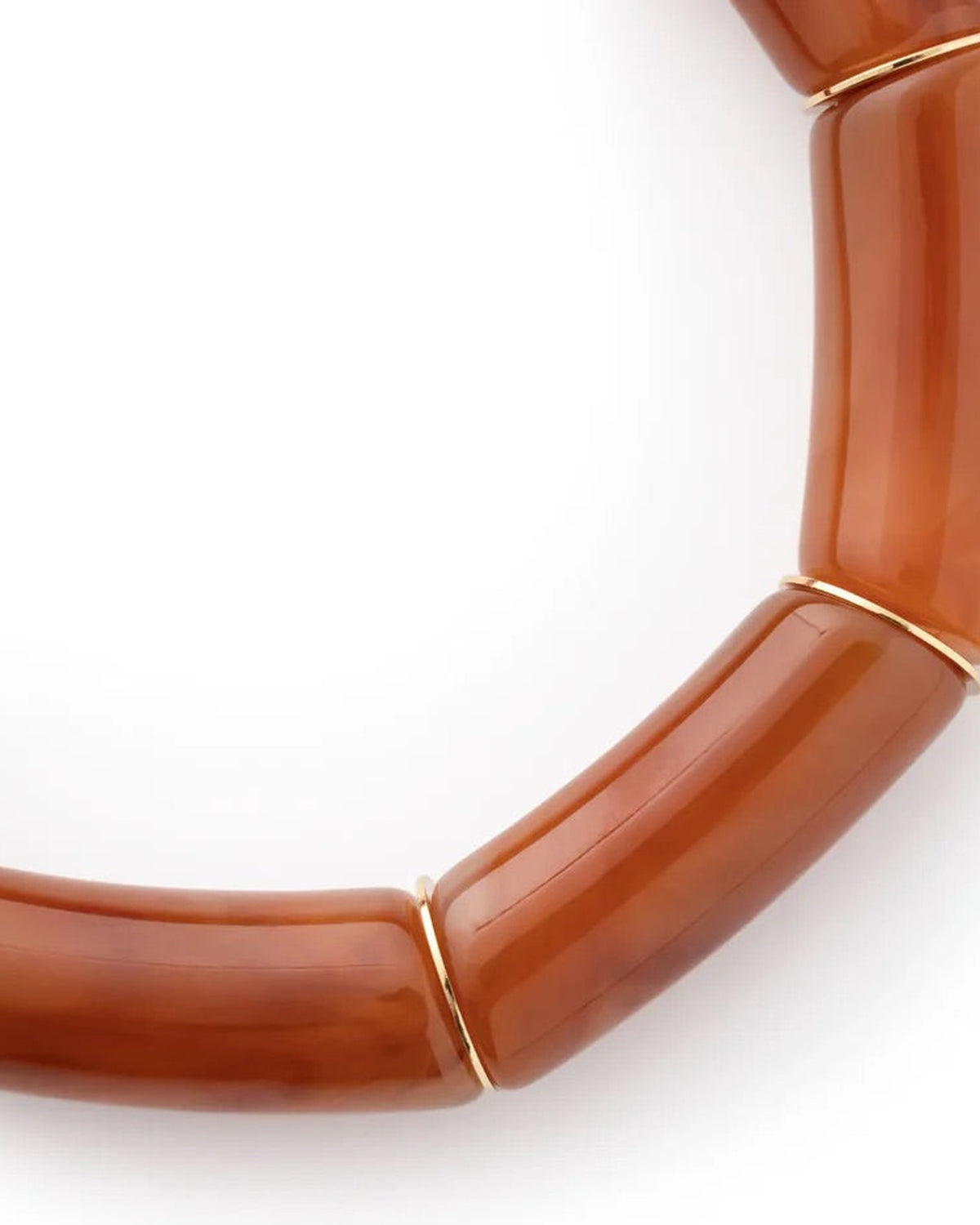 Close-up of the Flex Bracelet In Cognac Marble by Vanessa Baroni showing the tubular beads and gold discs