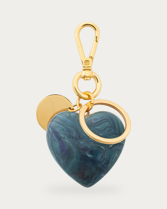 Heart Key Chain Charm In Teal Marble by Vanessa Baroni, product photo on a soft off-white background