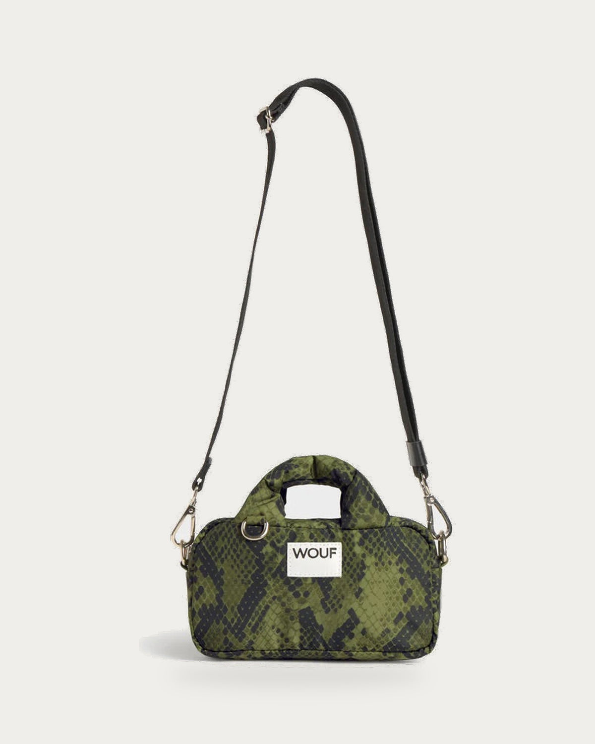 WOUF Cobra Mini Bag in Recycled Fabric – front view on soft stone background