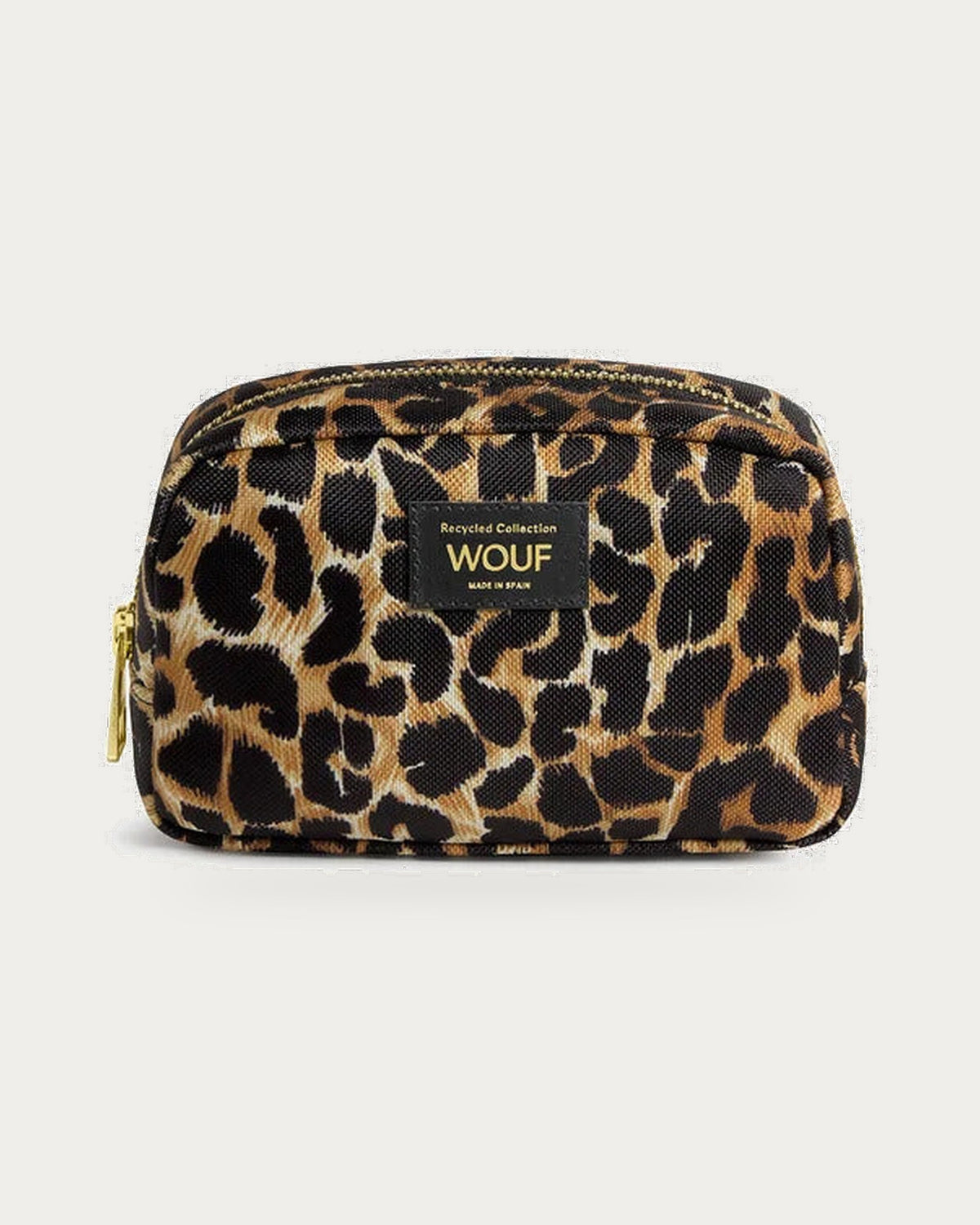 WOUF Icon Make Up Bag in black and brown leopard print, front view with WOUF label on soft stone background