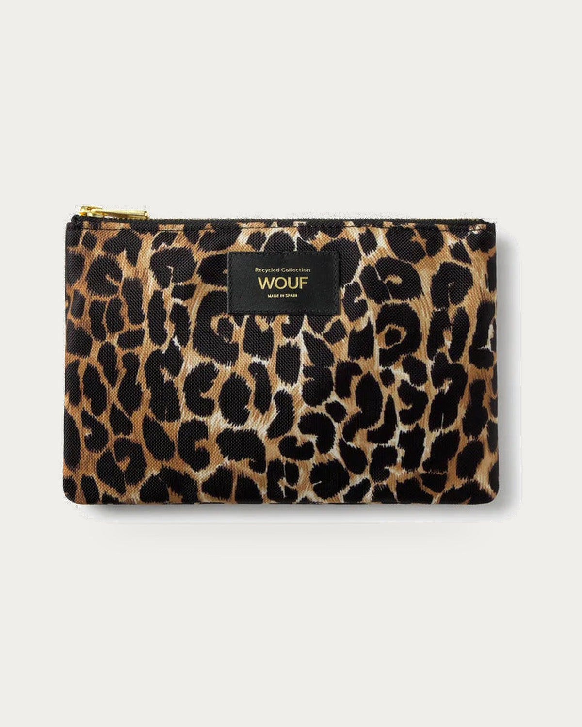 WOUF Icon Pouch in black and brown leopard print, front view on soft stone background