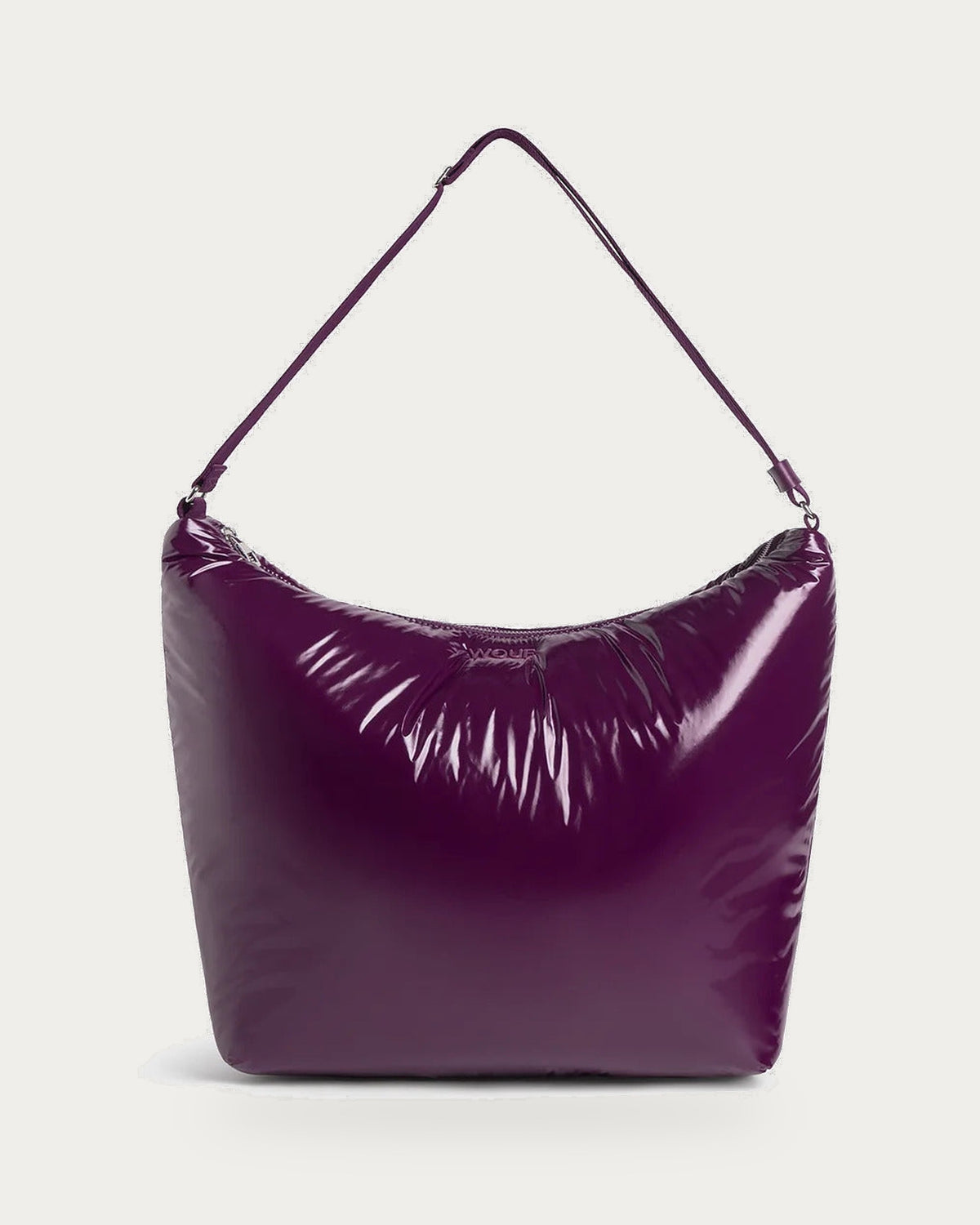 WOUF Plum Hobo Bag in glossy plum recycled nylon with adjustable strap, front view on soft stone background