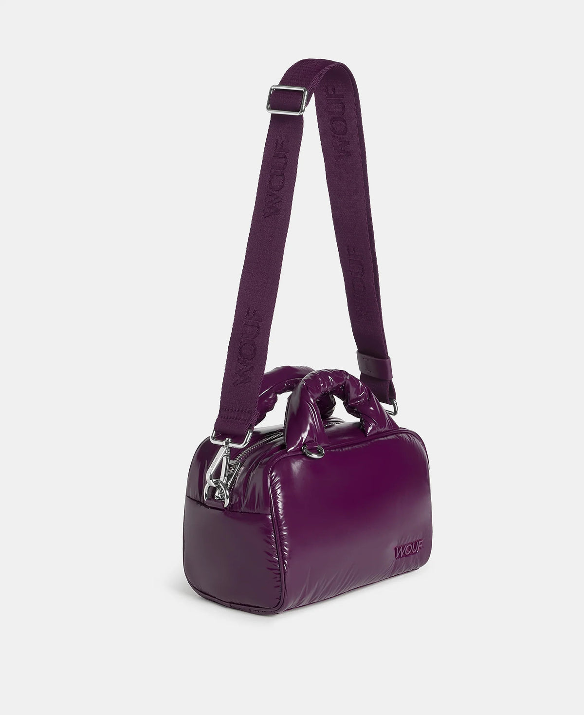 WOUF Plum Bowling Bag side view with the detachable strap