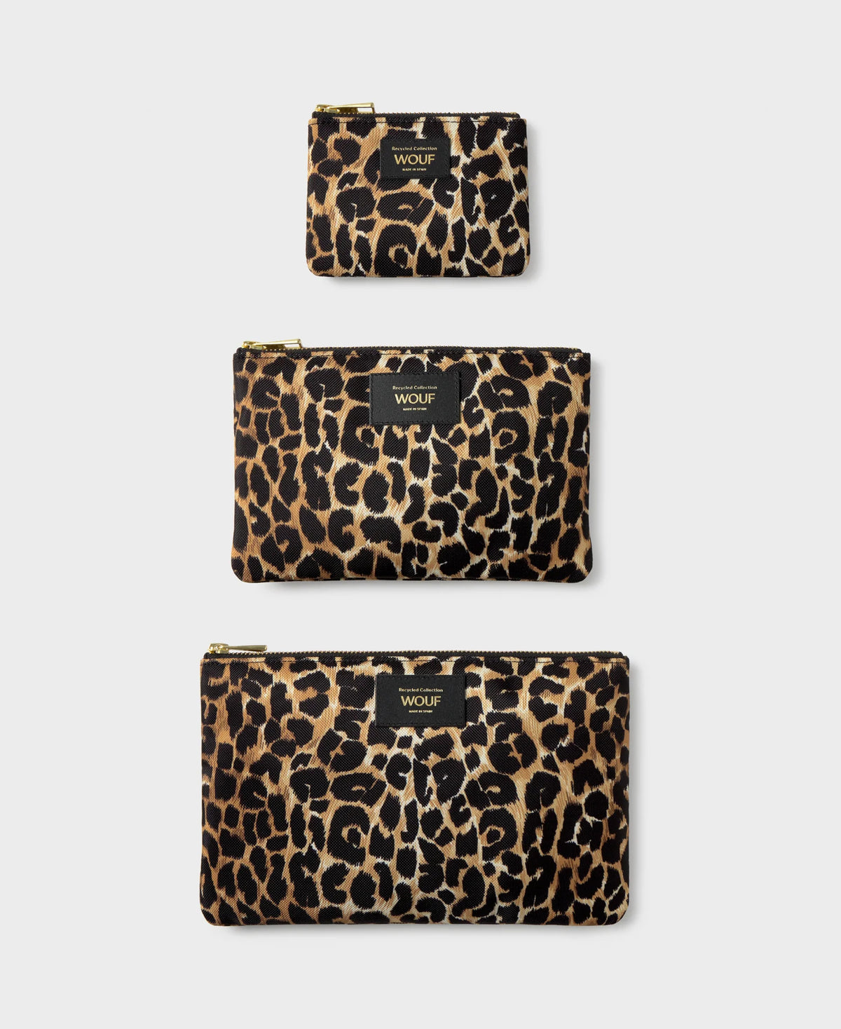 WOUF Icon Pouch range in small, regular and extra large sizes, leopard print