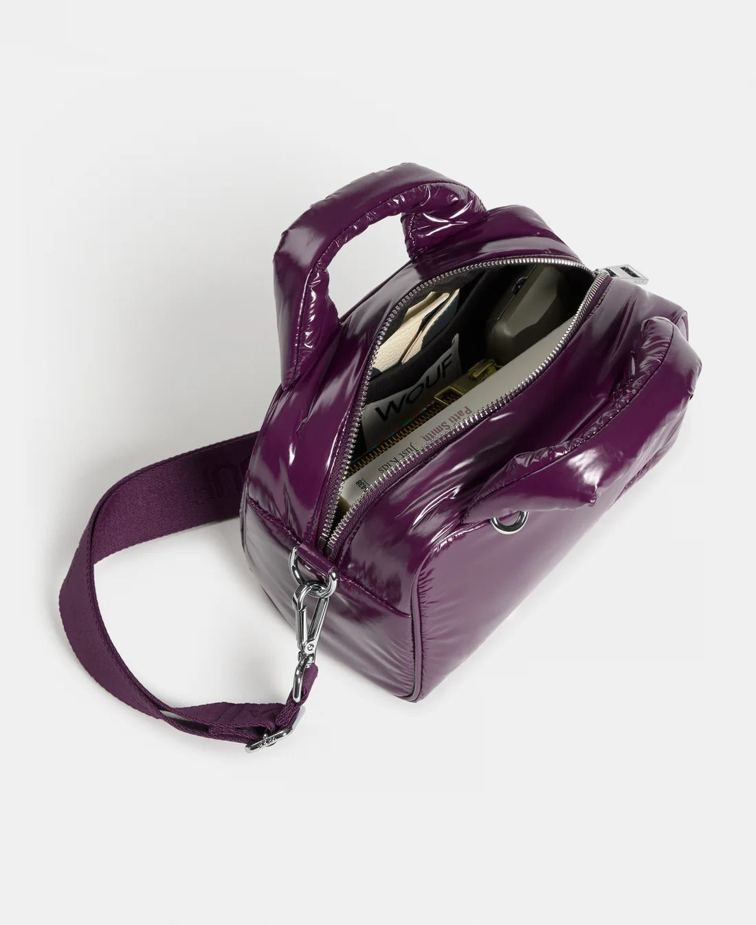 WOUF Plum Bowling Bag open from above showing the inner pocket