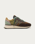 Wushu Ruyi Master 612 sneaker in dark brown suede with brown, green and gold nylon and forest green laces, side profile